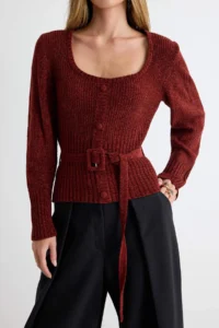 TRENDYOLMİLLA Burgundy Special Thread chenille Belt Detailed Knitwear Sweater - Image 8