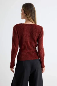 TRENDYOLMİLLA Burgundy Special Thread chenille Belt Detailed Knitwear Sweater - Image 9