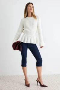 TRENDYOLMİLLA Ecru Soft textured Skirt Tip peplum Detailed Knitwear Sweater - Image 2