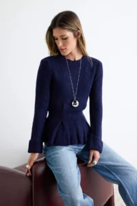 TRENDYOLMİLLA Indigo Soft textured Skirt Tip peplum Detailed Knitwear Sweater - Image 2