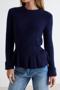 TRENDYOLMİLLA Indigo Soft textured Skirt Tip peplum Detailed Knitwear Sweater - Image 3
