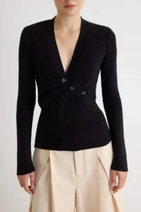 TRENDYOLMİLLA Black V-neck Double breasted Kapama Knitwear Sweater - Image 3
