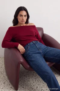 TRENDYOLMİLLA Burgundy Soft textured Boat Neck Side Shirred Knitwear Sweater - Image 2