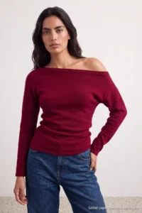 TRENDYOLMİLLA Burgundy Soft textured Boat Neck Side Shirred Knitwear Sweater - Image 3