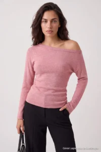 TRENDYOLMİLLA PINK Soft textured Boat Neck Side Shirred Knitwear Sweater - Image 2