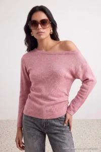 TRENDYOLMİLLA PINK Soft textured Boat Neck Side Shirred Knitwear Sweater - Image 4