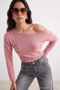 TRENDYOLMİLLA PINK Soft textured Boat Neck Side Shirred Knitwear Sweater - Image 5