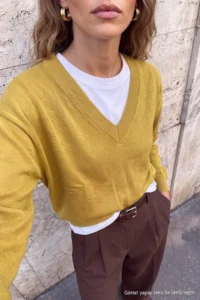 TRENDYOLMİLLA Wardrobe Essentials Oil Green Deep V-neck Basic Knitwear Sweater - Image 3