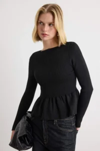 TRENDYOLMİLLA Black Boat Neck Waisted peplum Knitwear Sweater