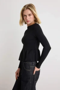 TRENDYOLMİLLA Black Boat Neck Waisted peplum Knitwear Sweater - Image 2