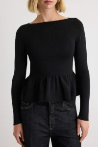 TRENDYOLMİLLA Black Boat Neck Waisted peplum Knitwear Sweater - Image 3