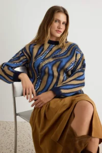 TRENDYOLMİLLA BLUE Sequin Sequin embroidered Soft textured Knitwear Sweater - Image 3