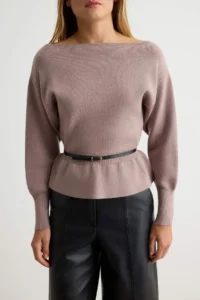 TRENDYOLMİLLA Mink Boat Neck Belt Detailed Knitwear Sweater - Image 3