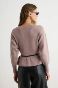 TRENDYOLMİLLA Mink Boat Neck Belt Detailed Knitwear Sweater - Image 4