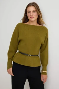 TRENDYOLMİLLA Oil Green Boat Neck Belt Detailed Knitwear Sweater