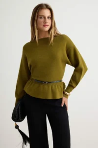 TRENDYOLMİLLA Oil Green Boat Neck Belt Detailed Knitwear Sweater - Image 2