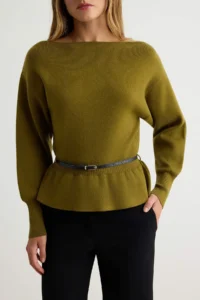 TRENDYOLMİLLA Oil Green Boat Neck Belt Detailed Knitwear Sweater - Image 3