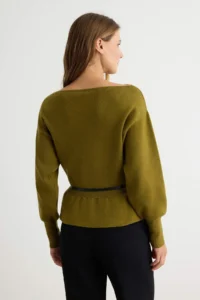 TRENDYOLMİLLA Oil Green Boat Neck Belt Detailed Knitwear Sweater - Image 4