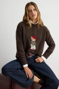 TRENDYOLMİLLA Brown Soft textured Teddy Bear Patch Knitwear Sweater - Image 2