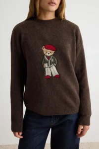 TRENDYOLMİLLA Brown Soft textured Teddy Bear Patch Knitwear Sweater - Image 3