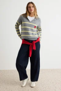 TRENDYOLMİLLA Anthracite Soft textured Striped Camp Collar Knitwear Sweater - Image 2