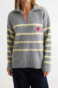 TRENDYOLMİLLA Anthracite Soft textured Striped Camp Collar Knitwear Sweater - Image 3