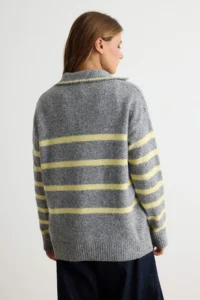 TRENDYOLMİLLA Anthracite Soft textured Striped Camp Collar Knitwear Sweater - Image 4