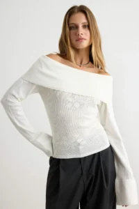 TRENDYOLMİLLA Ecru Carmen Collar Cellular Fitted Knitwear Sweater - Image 2