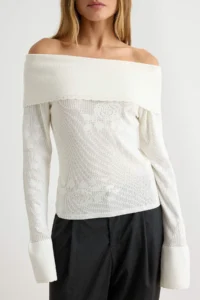 TRENDYOLMİLLA Ecru Carmen Collar Cellular Fitted Knitwear Sweater - Image 3