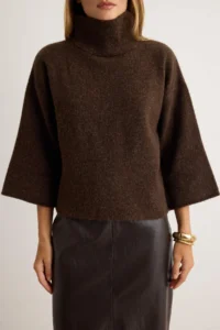 TRENDYOLMİLLA Brown High Neck Oversized Soft textured Knitwear Sweater - Image 3