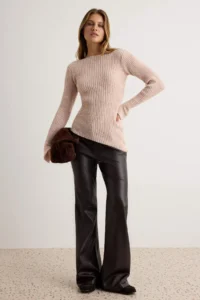 TRENDYOLMİLLA Beige Ribbed Asymmetric Skirt Ucu Detailed Knitwear Sweater - Image 2