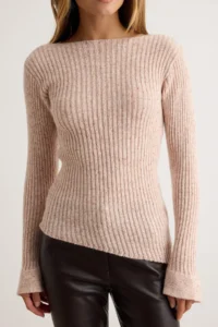 TRENDYOLMİLLA Beige Ribbed Asymmetric Skirt Ucu Detailed Knitwear Sweater - Image 3