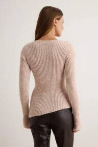 TRENDYOLMİLLA Beige Ribbed Asymmetric Skirt Ucu Detailed Knitwear Sweater - Image 4