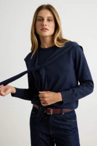 TRENDYOLMİLLA NAVY BLUE Crew Neck removable Shawl Detailed Knitwear Sweater - Image 3