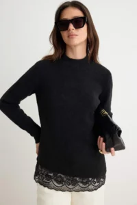 TRENDYOLMİLLA Black Asymmetric Lace Detailed Sweater