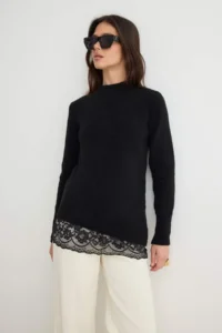 TRENDYOLMİLLA Black Asymmetric Lace Detailed Sweater - Image 2
