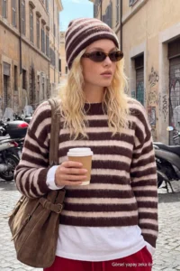 TRENDYOLMİLLA Brown Striped Oversized Crew Neck Soft Beret Knitwear Sweater