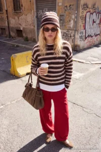 TRENDYOLMİLLA Brown Striped Oversized Crew Neck Soft Beret Knitwear Sweater - Image 2