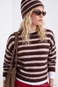 TRENDYOLMİLLA Brown Striped Oversized Crew Neck Soft Beret Knitwear Sweater - Image 3