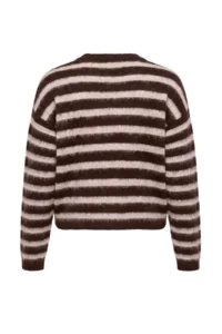 TRENDYOLMİLLA Brown Striped Oversized Crew Neck Soft Beret Knitwear Sweater - Image 7