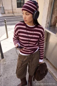 TRENDYOLMİLLA Burgundy Striped Oversized Crew Neck Soft Beret Knitwear Sweater