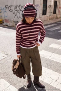 TRENDYOLMİLLA Burgundy Striped Oversized Crew Neck Soft Beret Knitwear Sweater - Image 3