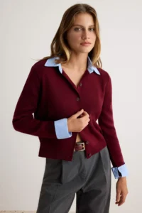 TRENDYOLMİLLA Burgundy Weaving Collar Sleeve Detailed Knitwear Cardigan - Image 2