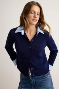 TRENDYOLMİLLA NAVY BLUE Weaving Collar Sleeve Detailed Knitwear Cardigan
