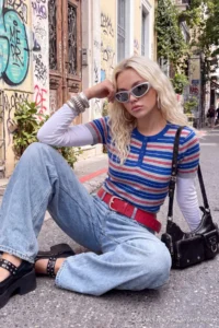 TRENDYOLMİLLA Ecru Double Sleeve Detailed Striped Knitwear Sweater - Image 2