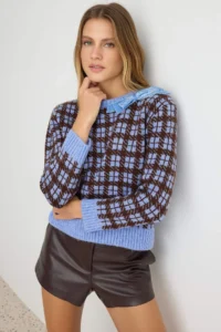 TRENDYOLMİLLA BLUE Soft textured Checkered Ribbon Detailed Crew Neck Knitwear Sweater - Image 2