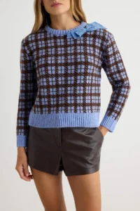 TRENDYOLMİLLA BLUE Soft textured Checkered Ribbon Detailed Crew Neck Knitwear Sweater - Image 3