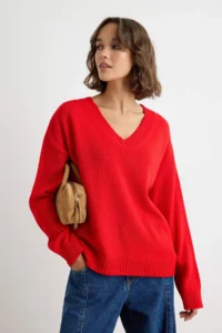 TRENDYOLMİLLA Red Basic Soft textured V-neck Knitwear Sweater - Image 2