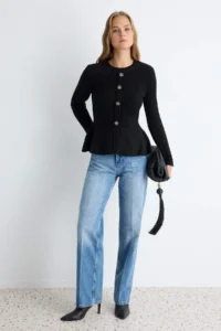 TRENDYOLMİLLA Black Soft textured Crew Neck peplum Waist Fitted Knitwear Sweater - Image 2