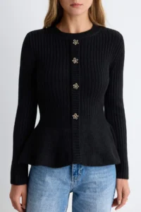 TRENDYOLMİLLA Black Soft textured Crew Neck peplum Waist Fitted Knitwear Sweater - Image 3